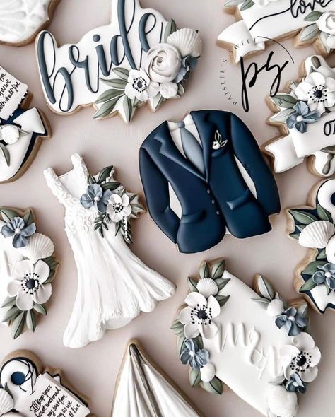 Tux Cookies Decorated, Mr And Mrs Cookies Decorated, Cookie Decorating Wedding, Mr And Mrs Cookies, 2nd Birthday Cookies, Pearl Cookies, 50th Anniversary Cookies, Bride Cookies, Wedding Cookies Decorated