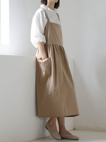 Linen Apron Dress, Uni Style, Japanese Apron, Summer Care, Long Slip, Cotton Apron, Womens Aprons, Apron Dress, Apron Pockets