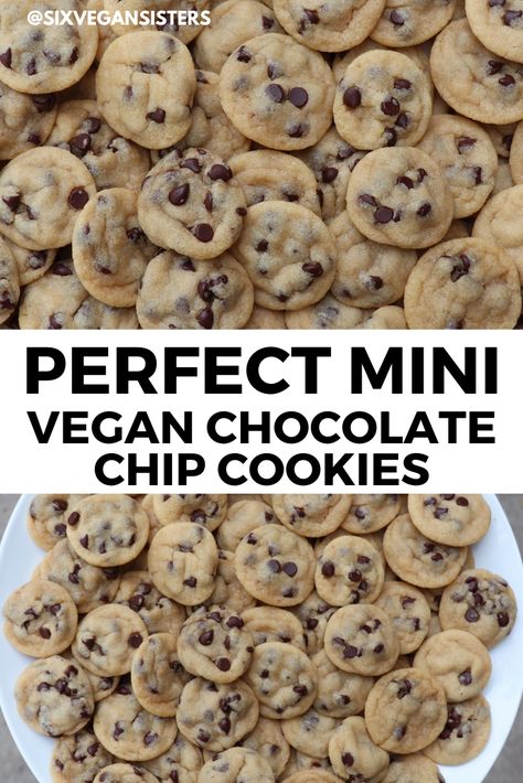 Vegetarian Chocolate Chip Cookies, Chocolate Chip Vegan Cookies, Mini Vegan Desserts, Mini Cookies Recipe, Cookie Recipes Vegan, Easy Vegan Dessert Recipes, Vegan Chocolate Chip Cookie Recipe, Plant Based Cookies, Vegan Chips