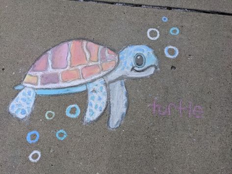 Drawing made from chalk Chalk Sea Animals, Chalk Turtle, Cute Chalk Drawings, Chalk Doodles, Chalk Summer, Easy Chalk Drawings, Chalk Pictures, Chalk Activities, Fun Chalk Art