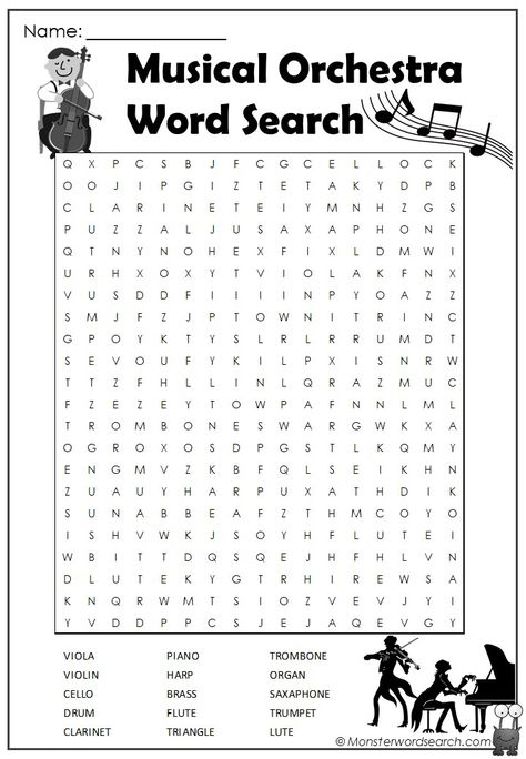 Musical Orchestra Word Search- Monster Word Search Music Worksheets Elementary, Elementary Music Worksheets Free Printable, Music Class Worksheets Free Printable, Music Worksheets For Kids Printables, Music Games For The Classroom, Music Class Worksheets, Music Word Search, Music Math, Music Class Activities