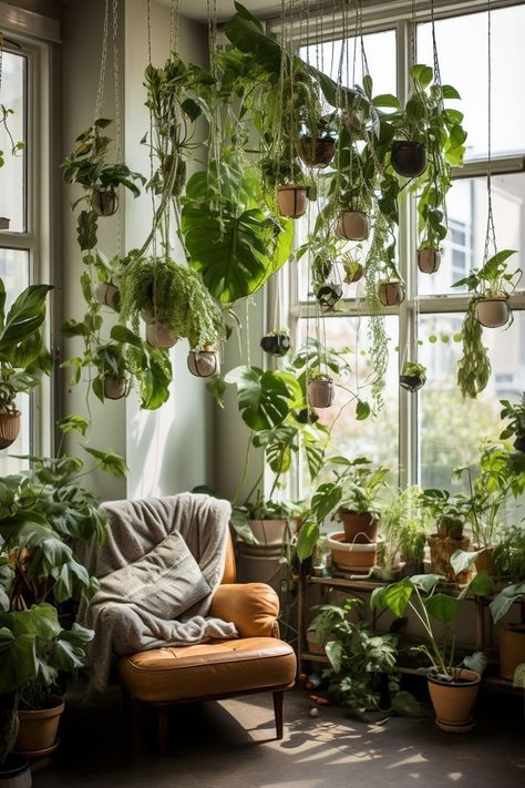 House Plant Display Ideas Living Room, Skylight Plant Ideas, Room With Hanging Plants, House Plants In Bedroom, Unique Indoor Plants, Plant Nursery Aesthetic, Hanging Plants Indoor Diy, Interiors With Plants, Hanging Plants From Ceiling