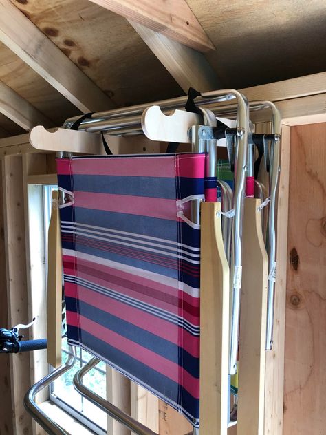 Shed Organizing, Chair Organizer, Outdoor Storage Buildings, Shed Garden, Yard Sheds, Storage Shed Organization, Tool Hangers, Garden Tool Organization, Shed Organization