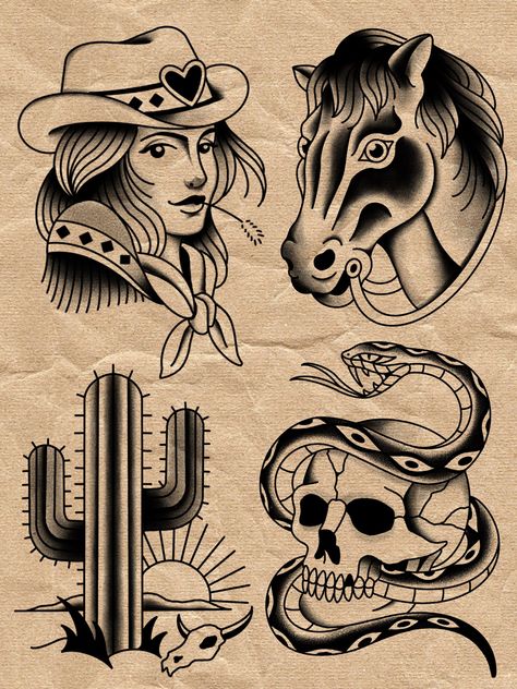 Old Traditional Tattoo Black, Black And Grey Cowboy Tattoo, Traditional Tattoos Black Flash, Western Traditional Tattoo Black, Vintage Tattoo Art Black And White, Black Grey Traditional Tattoo, Black And Grey American Traditional Leg Sleeve, Skull Snake Tattoo Traditional, Cowboy Traditional Tattoo Flash