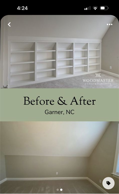 Built In Bookshelf Half Wall, Bookshelves Attic Built Ins, Cape Cod Built Ins, Built In Bookshelf Sloped Ceiling, Built In Shelves Knee Wall, Built In Knee Wall Storage, Sloping Roof Bookshelf, Built In Shelves On Slanted Wall, Slope Ceiling Built In