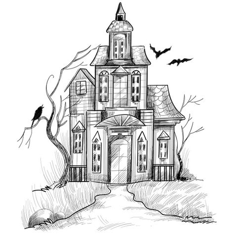 Haunted House Drawing, Pencil Drawing Inspiration, Haunted Images, Easy Pencil Drawings, Umbrella Drawing, Globe Tattoos, Castle Drawing, Scary Houses, Pencil Drawings Of Flowers