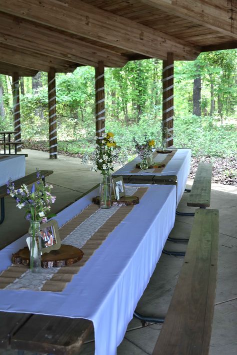 How To Decorate Picnic Tables Wedding, Wedding Reception At A Park, Wedding At State Park, Pavilion Reception Decorations, Picnic Table Wedding Decorations, Outdoor Reception Table Decor, Park Table Decorations, Park Shelter Decorations Picnic Table, Wedding Park Ideas