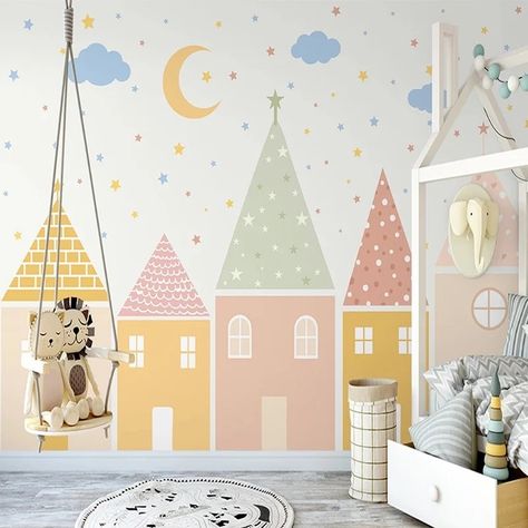 Color House, Kindergarten Wallpaper, Custom Photo Wallpaper, Cartoon House, Pastel House, Custom Murals, Wall Mural Wallpaper, Baby Room Design, Kids Room Wallpaper