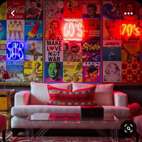 Crazy Bathroom, Illustration Prompts, Kitschy Decor, Podcast Studio, Neon Artwork, Neon Wall Art, Andrew Martin, Custom Sofa, Maximalism