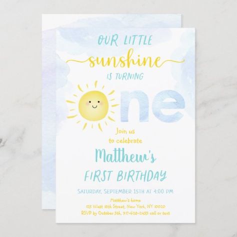 Sunshine Birthday Theme, First Birthday Theme Boy, First Birthday Decorations Boy, Birthday Invitation Message, Sunshine First Birthday, Sunshine Birthday Parties, Happy Sunshine, Watercolor Clouds, Sunshine Birthday