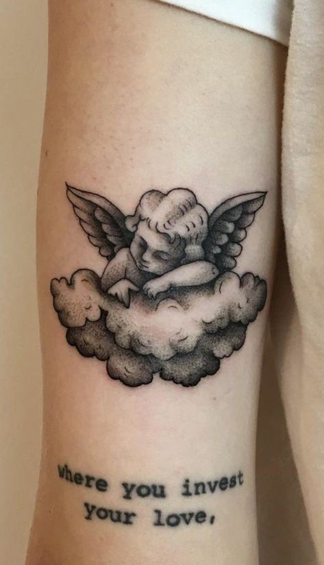 Tato Realis, Praying Hands Tattoo Design, Tattoo Angel, Skull Girl Tattoo, Cherub Tattoo, Magic Runes, Tattoo Shading, Crown Tattoo Design, White Ink Tattoo