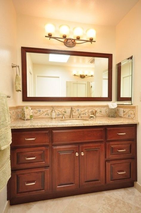 #interiordesign #design #shower #plumbing #toilette #home #restroom #homedecor #interior #toiletpaper #bathroomdecor #toiletdesign Cherry Wood Bathroom, Cherry Bathroom Vanity, Cherry Bathroom, Color Bathroom Design, Vanity Backsplash, Traditional Bathroom Designs, Framed Mirrors, Diy Bathroom Vanity, Tile Remodel