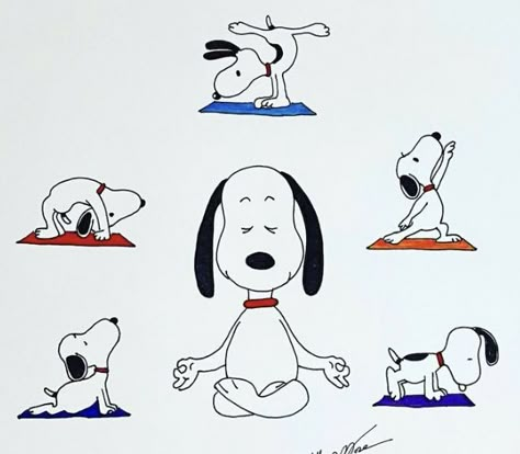 Stretching Cartoon, Snoopy Yoga, Cute Yoga Cartoon, Meditating Cartoon, Meditation Cartoon, Snoopy Doing Yoga, Puppy Yoga Aesthetic, Snoopy Aesthetic, Wine Yoga