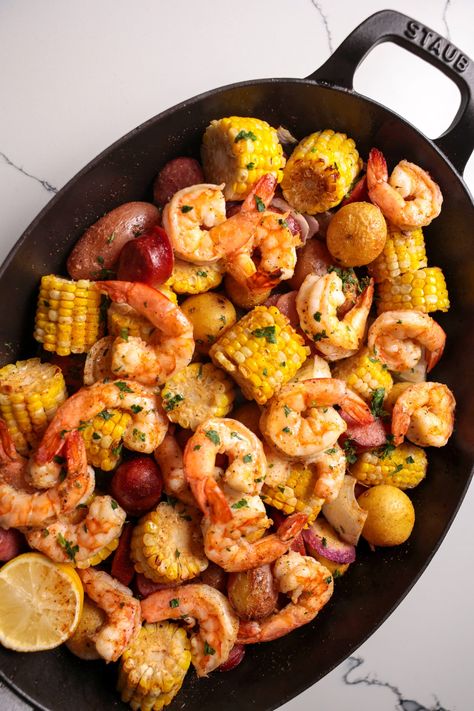 What To Serve With Shrimp, Sheet Pan Shrimp Boil, Pan Shrimp Boil, Shrimp Meals, Shrimp Corn, Shrimp Boil Recipe, Summer Dinner Ideas, Sheet Pan Shrimp, Veggie Skillet