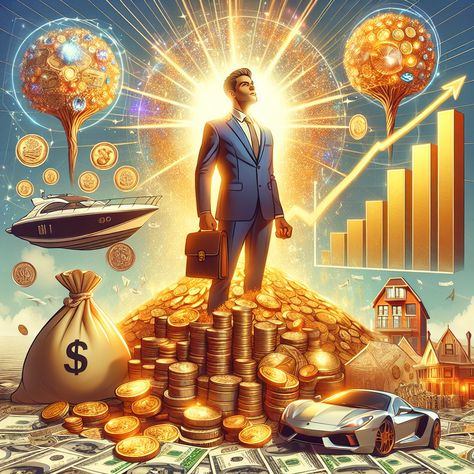 Design showcases individual surrounded by gold, dollar bills, jewels, luxury goods & symbols of success. Growing chart & money tree signify prosperity. The person broadcasting a confident aura amidst a glow of success.  #WealthManifestation #Prosperity #Success #FinancialFreedom #Abundance #LuxuryLiving. Discover more on wealth manifestations [here](insert link). Prosperity Images, Abundance Wallpaper, Gold Dollar, Money Dollar, Lucky Wallpaper, Wealth Manifestation, Money Images, Using Pinterest, Manifesting Wealth