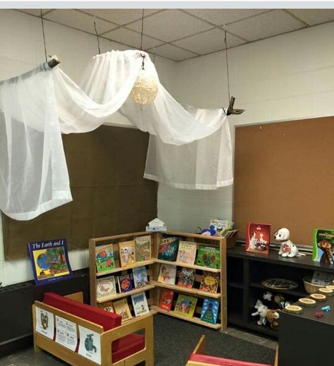 Canopy over book area Classroom Canopy, Classroom Canopy Reading Nooks, Library Corner, Hanging Drapes, Book Area, Pvc Canopy, Preschool Rooms, Reading Area, Ceiling Murals