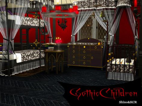 Gothic Childrens Bedroom: - Crip with extra Canopy and skirt with Bedding - Single Bed with Skirt and Canopy - Bunkbed with extra Pillows (Skirt from Singebed can be used) works for Basegame! - Changingtable (is Dresser) - Ceiling Candelier - Mobile - Plush Furby - Furby for the crip (can be played but the Animation is not ideal) - 2 small Bottles as Babycare Sims 4 Goth Nursery, Ts4 Cc Goth Furniture, Sims 3 Goth Cc, Gothic Kids Room, Sims Victorian, Vampire Room, Gothic Nursery, Sims 4 Cc Goth, Vampire Kids