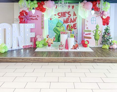 Grinch Theme 2nd Birthday, She’s A Mean One Birthday Party, Whoville First Birthday, Girl Grinch Birthday Party, Pink Grinch Party, Grinch Baby Shower Ideas Girl, Christmas Theme Birthday Party For Girl, Shes A Mean One Grinch Birthday, First Birthday Grinch Theme