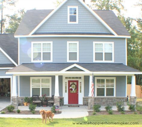 Carolina new construction home tour Light Blue House Exterior, Light Blue House, Light Blue Houses, Red Door House, Blue Siding, Red Front Door, Exterior House Color, House Front Door, Front Door Colors