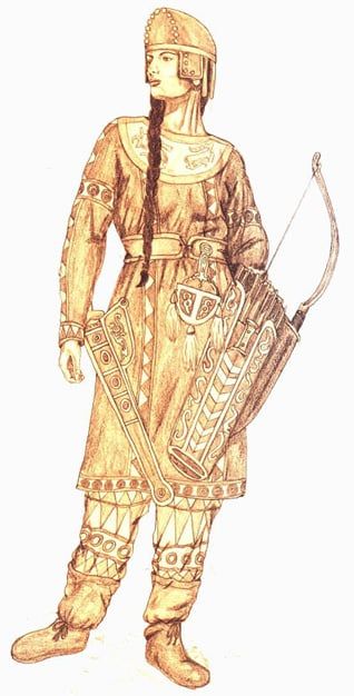 Artist's depiction of a Sarmatian warrior. Amazon Warrior, Bow And Arrow, Female Soldier, Iron Age, Bronze Age, Central Asia, Women In History, Ancient Times, A Drawing