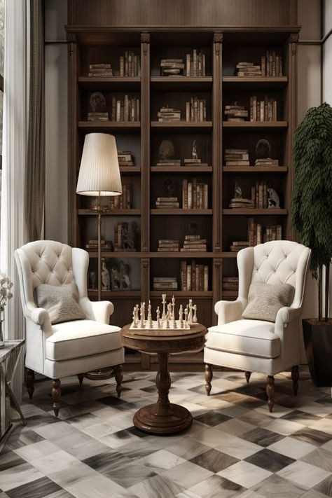 Immerse yourself in the quiet sophistication of this chess-themed lounge. The elegant chairs, wooden bookshelves, and timeless chessboard invite introspection and strategy. Uncover more Game Room Ideas For Adults to inspire your décor journey. Chess Nook Living Rooms, Chess Board Decor Living Room, Chess Room Ideas, Chess Board In Living Room, Different House Themes, Sitting Room Library Ideas, Chess Room Design, Elegant Game Room, Chess Table In Living Room