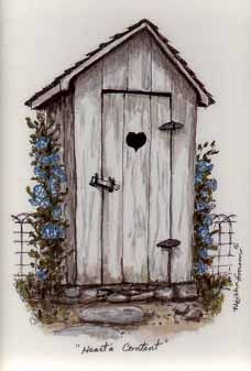 A Drawing of an Outhouse with a Heart on the Door entitled "Heart's Content"   Drawn by Martha Hinson Outhouse Paintings, Barn Drawing, Out Houses, Outhouse Decor, Barn Painting, Wood Burning Crafts, Tole Painting, Old Barns, Bathroom Art