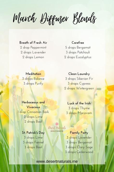 Spring Cleaning Essential Oil Blend, Essential Oil Recipes Diffuser Spring, Spring Young Living Diffuser Recipes, Spring Blends Diffuser Recipes, Spring Diffuser Recipes, Essential Oils Spring Blends, Doterra Spring Diffuser Blends, St Patricks Day Essential Oil Blend, Clear The Air Diffuser Blend