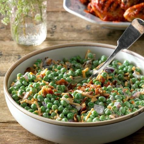 Bacon Pea Salad Recipe: How to Make It | Taste of Home Bacon Pea Salad, Pea Salad With Bacon, Green Pea Salad, Pea Salad Recipes, Creamy Peas, German Potato Salad, Pea Salad, Frozen Peas, Vegetable Sides