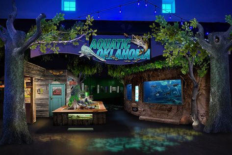 Concept art for new Aquatic Oklahoma exhibit at Oklahoma Aquarium designed by Chris Barela Zoo Exhibit Design, Zoo Exhibit, Fish Room, Public Aquarium, Zoo Architecture, Detroit Zoo, Fishing Room, Architecture Design Sketch, Exhibit Design