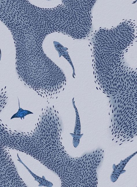 Bain de requins | Papier peint imprimé par Opposite Wall Deep Blue Sea Wallpaper, Blue Sea Wallpaper, Desain Buklet, Shark Swimming, Sea Wallpaper, Water Patterns, Ink In Water, Ocean Print, Deep Blue Sea