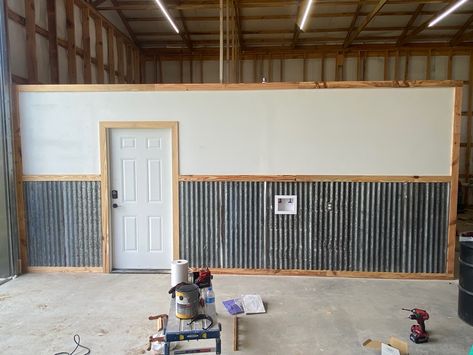 Galvanized Tin Walls Garage, Tin Half Wall, Galvanized Wall Ideas, Tin On Walls Ideas, Galvanized Tin Walls, Barn Tin Wall, Metal Wainscoting, Tin Wainscoting, Dads Office