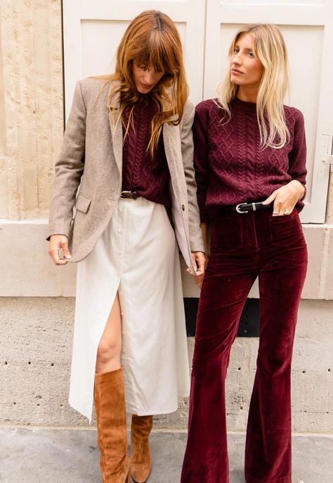 Mister K: beautiful fall 2023 wardrobe pieces. Red Corduroy Outfit, Burgundy Bell Bottom Pants Outfit, Free People Work Outfit, Red Velvet Pants Outfit, Mister K, Corduroy Outfit, Red Velvet Pants, Beatles Fashion, Red Cashmere Sweater