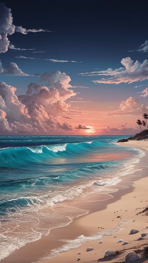 Ocean Art Aesthetic Wallpaper, Ocean Aesthetic Artwork, Whimsical Ocean Aesthetic, Ocean Art Wallpaper Desktop, Sunset Ocean Wallpaper, Vibrant Beach Wallpaper, Beach Landscapes, Birthday Post Instagram, Birthday Post