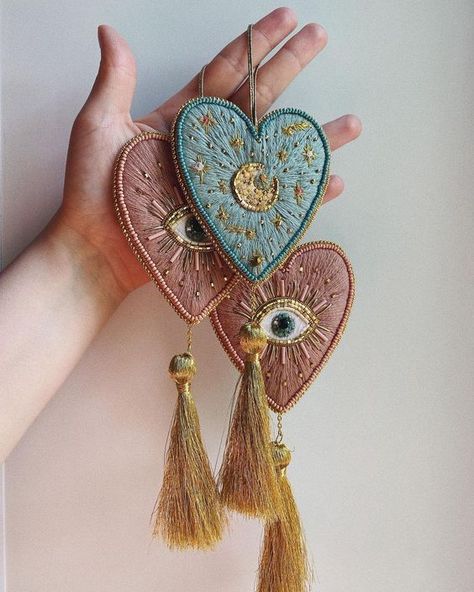 Witch Wall Decor, Beaded Wall Hanging, Hanging Witch, Embroidery Ornaments, Embroidery Hearts, Contemporary Embroidery, Blue Or Pink, Witch Decor, Embroidered Heart