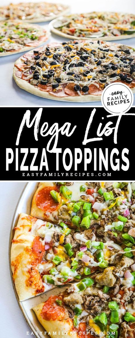 MUST SAVE! This list is genius! Every Pizza topping combination in the world! This is the perfect thing to keep handy for pizza night on friday. Whether you are looking for classic pizza ideas, or unique pizza toppings, this list has it all. Try a new pizza or go with an old favorite. Even lists vegetarian and vegan options! Pizza Toppings List, Gourmet Pizza Toppings, Unique Pizza Toppings, Pizza Topping Ideas, Healthy Pizza Toppings, Red Pizza Sauce, Pizza Toppings Combinations, Pizza Vegana, Pizza Topping