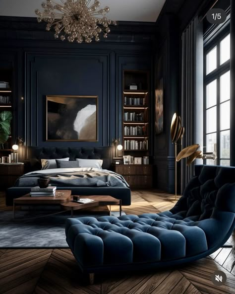 Dramatic Bedroom, Navy Bedrooms, Navy Interior, Dark Blue Bedrooms, Black Rooms, Blue Bedroom Decor, Moody Bedroom, Money Pit, Manhattan Apartment