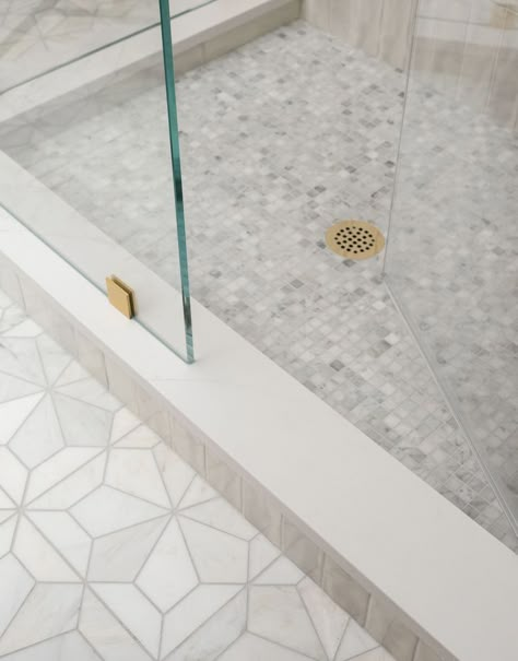 Shower Floor Tile Ideas, Master Shower Tile, White Oak Vanity, Outdated Bathroom, Shower Curb, Master Bath Tile, White Tile Shower, Oak Vanity, Master Bath Shower