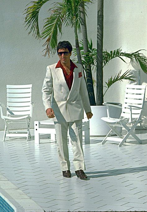 Tony Montana Suit, Scarface Suit, Scarface Aesthetic, Mafia Movies, Double Breasted Pinstripe Suit, Montana Aesthetic, Scarface Movie, Back To Business, Tony Montana