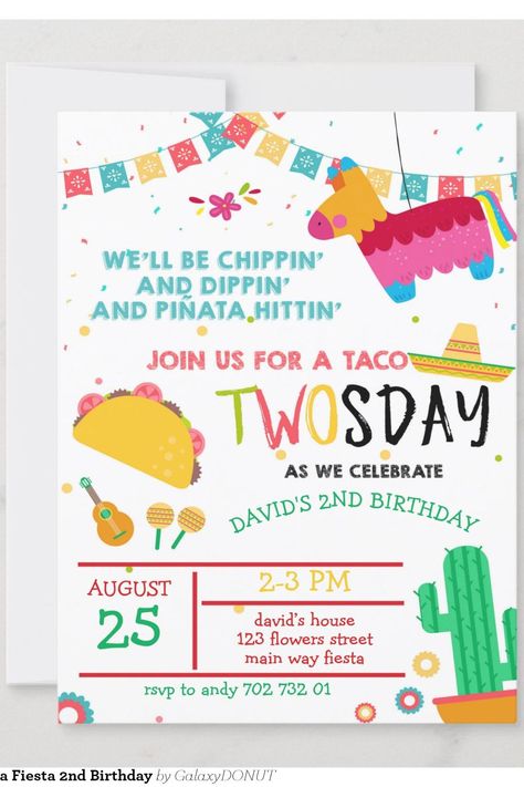 Taco Twosday Pinata Fiesta 2nd Birthday Invitation Two Yr Old Birthday Theme, Two Year Old Taco Birthday Party, Taco Twosday Birthday Boy, Fiesta 2nd Birthday, Luke James, Taco Twosday, Fiesta Birthday Party, 2nd Birthday Invitations, Fiesta Birthday