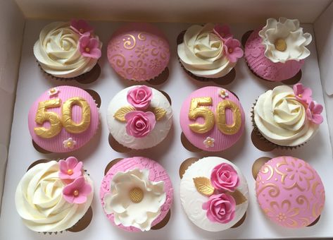 Pink and gold 50th birthday cupcakes Pink And Gold 50th Birthday Party, Cupcakes 50th Birthday, Pink And Gold 50th Birthday Cake, 50th Cupcakes For Women, 50th Birthday Cupcakes For Women Ideas, Cupcake Icing Tips, 50th Birthday Cake Images, Birthday Cupcakes For Women, 30th Birthday Cupcakes