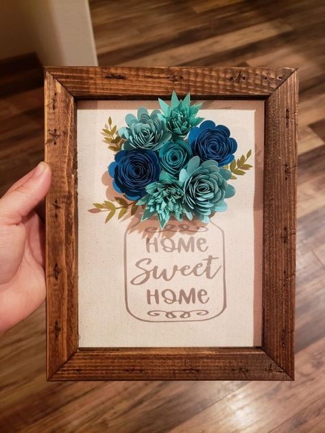 Mason jar Reverse canvas Cricut Reverse Canvas Ideas, Cricut Projects On Canvas, Wood Flower Wall Art, Cricut Frame Ideas, Cricut Paper Flowers Shadow Boxes, Cricut Flower Projects Gift Ideas, Cardstock Flowers Cricut, Shadow Box Paper Flowers, Cricut Flowers Projects