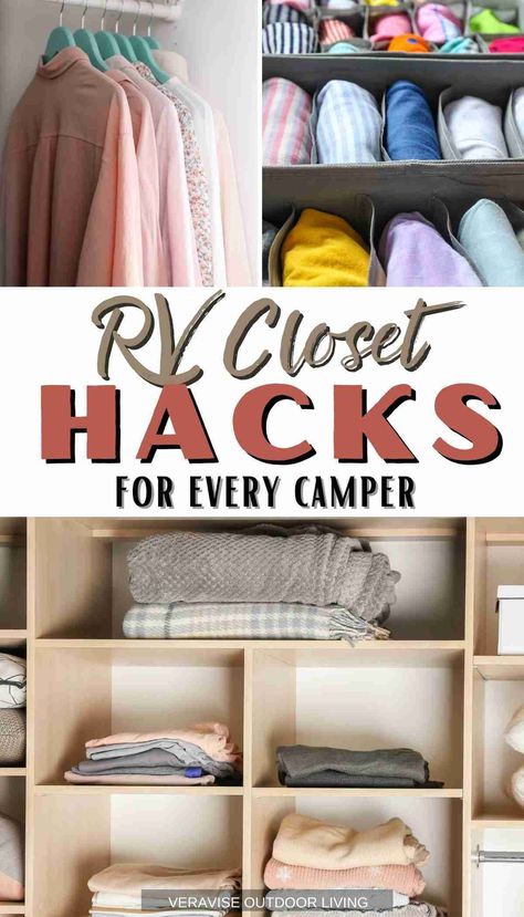 Rv Closet Organization Ideas, Rv Packing Hacks, Rv Wardrobe Storage Ideas, Rv Closet Ideas, Rv Bedside Storage Ideas, Camper Closet Organization, Storage Ideas For Campers, Camper Closet Storage Ideas, Rv Clothing Storage Ideas