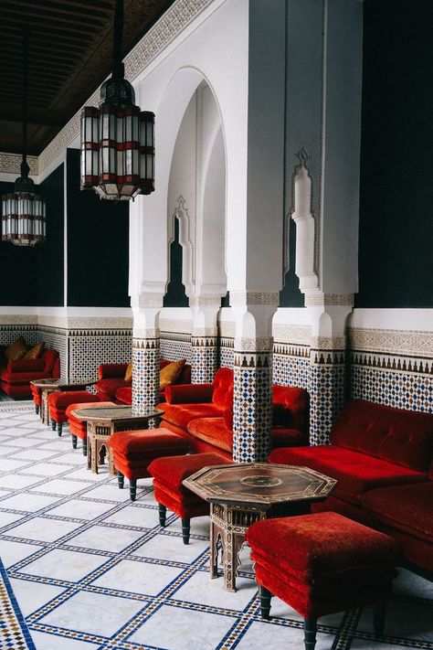 Spanish Moorish Interiors, Moroccan Hotel, Moroccan Luxury, Red Sofas, Moroccan Decor Living Room, Traditional Architect, Morocco Africa, Moroccan Restaurant, Riad Marrakech