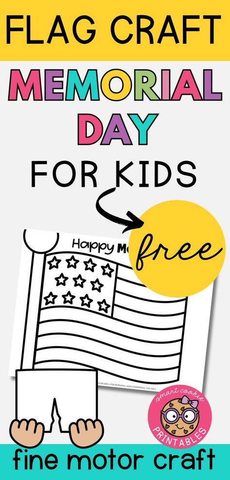 Free Memorial Day Flag Printable Craft with text reading flag craft Memorial Day for kids free fine motor craft Memorial Day Crafts, Memorial Day Activities, Craft For Toddlers, Craft For Preschoolers, Flag Crafts, Patriotic Art, Fine Motor Skills Activities, Motor Skills Activities, Smart Cookie