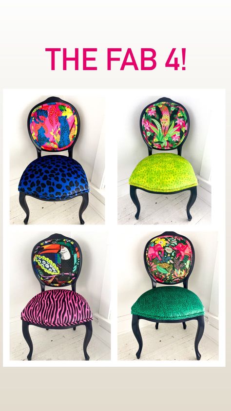 Eclectic Chairs Dining, Printed Dining Chairs, Funky Dining Room, Eclectic Dining Chairs, Mixed Dining Chairs, Diy Furniture Upholstery, Colored Dining Chairs, Reupholster Chair Dining, Peacock Pillow