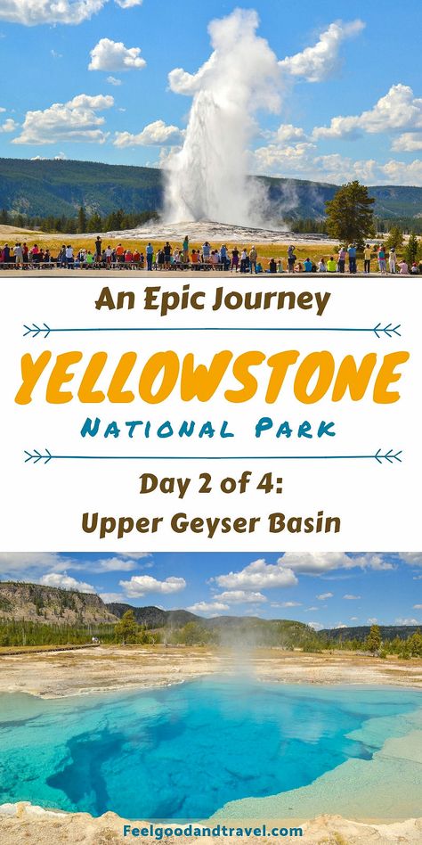 Upper Geyser Basin in Yellowstone and Old Faithful's Flashy Display Things To Do In Yellowstone, Old Faithful Yellowstone, Yellowstone Trip, Visit Yellowstone, Travel America, Usa Travel Guide, Old Faithful, Us Destinations, National Parks Trip