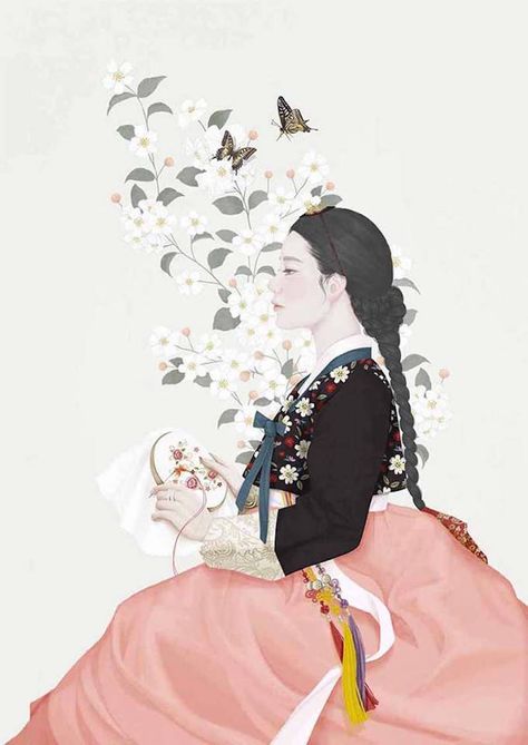 Sweet and Delicate Korean Artworks Korean Illustration, Illustration Kunst, Korean Painting, Korean Hanbok, Korean Art, Korean Traditional, Korean Artist, Illustration Inspiration, A Butterfly