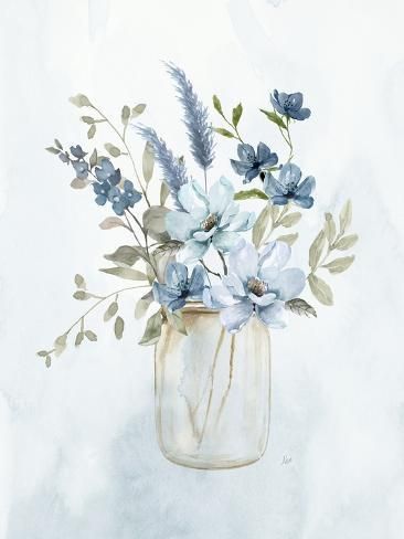 size: 12x9in Art Print: Petite and Sweet II by Nan : Watercolour Flowers Wallpaper, Watercolor Wedding Gift, Periwinkle Watercolor, White And Blue Painting, Blue Painted Flowers, Blue Flower Watercolor, Blue And White Painting, Pale Blue Flowers, Blue Paintings