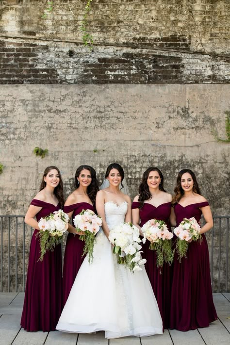 Burgundy bridesmaid dresses ideas you will love. // mysweetengagement.com // #bridesmaiddresses #bridesmaids #burgundybridesmaiddresses #burgundywedding Burgundy Chiffon Bridesmaid Dresses, Wine Bridesmaid Dresses, Burgundy Bridesmaid Dress, Burgundy Wedding Colors, Off Shoulder Bridesmaid Dress, Pretty Bridesmaid Dresses, Burgundy Bridesmaid Dresses Long, Bride And Her Bridesmaids, Burgundy Bridesmaid