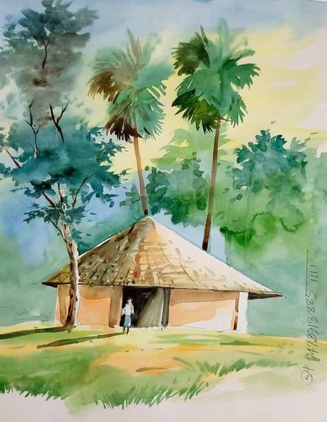 Watercolor Village, Water Colour Landscape, Watercolor Scenery Painting, Easy Landscape Paintings, Watercolor House Painting, Watercolor Scenery, Watercolor Paintings Nature, Watercolor Art Landscape, Scenery Painting